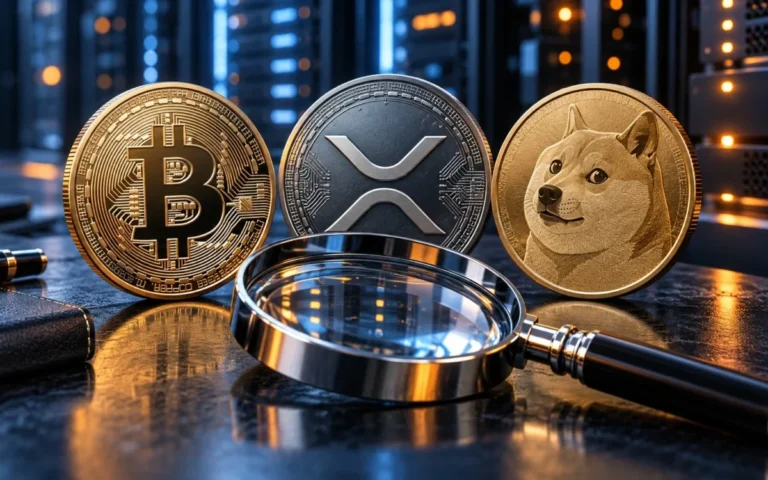 Token simbolici di Bitcoin, XRP e Dogecoin accanto a una lente e luci di server
