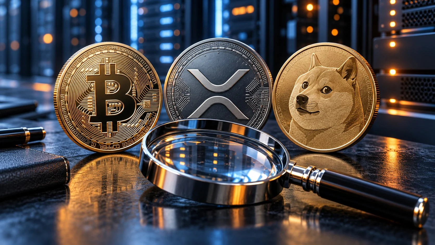 Token simbolici di Bitcoin, XRP e Dogecoin accanto a una lente e luci di server