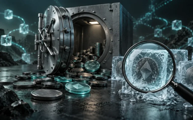 Illustrazione generata con IA: caveau digitale e lente su un token congelato, simbolo delle indagini sul furto a Bitget.