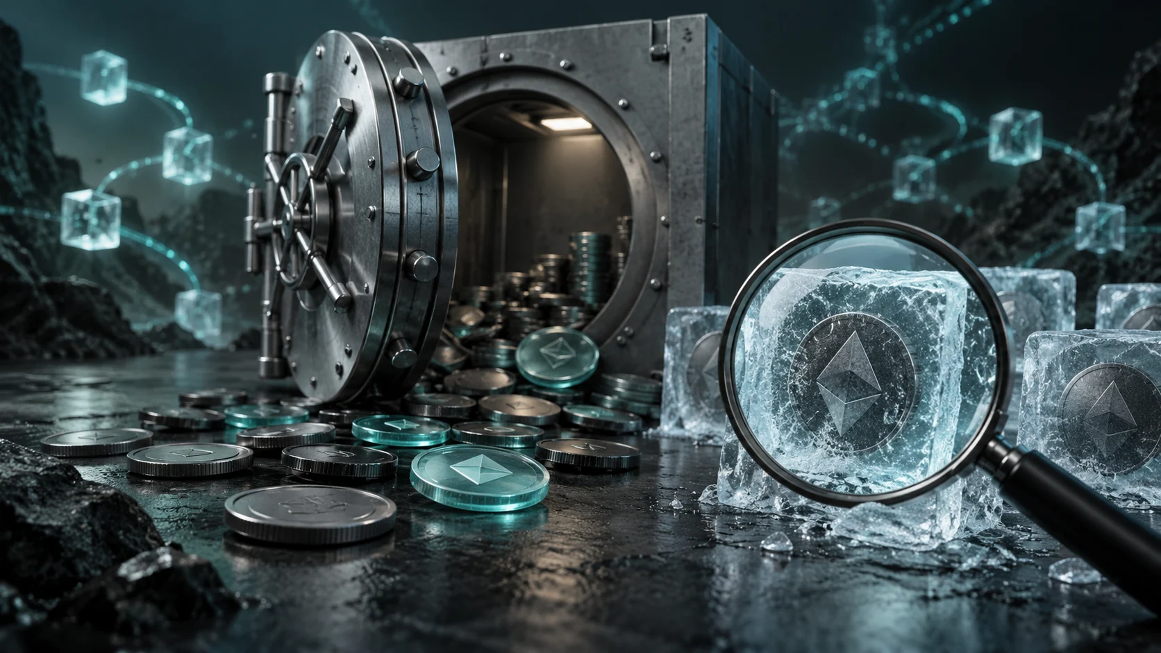 Illustrazione generata con IA: caveau digitale e lente su un token congelato, simbolo delle indagini sul furto a Bitget.