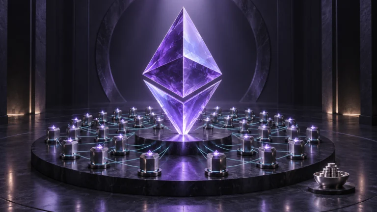 Illustrazione generata con IA: simbolo Ethereum viola circondato da nodi validatori e una piccola riserva separata.