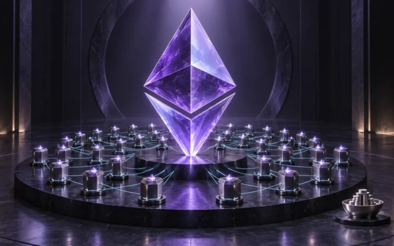 Illustrazione generata con IA: simbolo Ethereum viola circondato da nodi validatori e una piccola riserva separata.