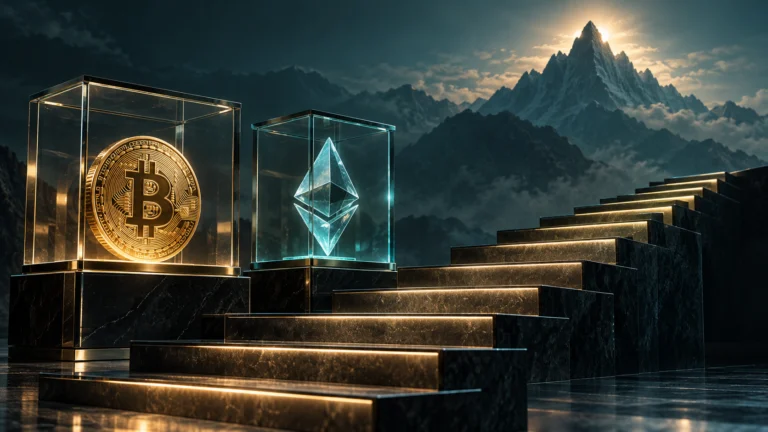 Bitcoin ed Ethereum in teche trasparenti davanti a una scala crescente e a un picco più alto sullo sfondo