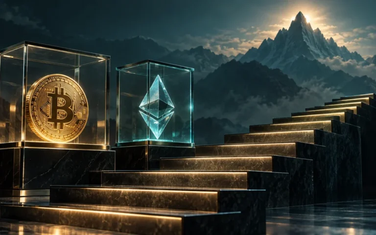 Bitcoin ed Ethereum in teche trasparenti davanti a una scala crescente e a un picco più alto sullo sfondo