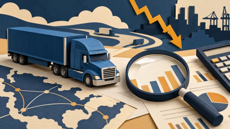 Illustrazione di un camion, una lente e documenti per la verifica dei costi dell’autotrasporto