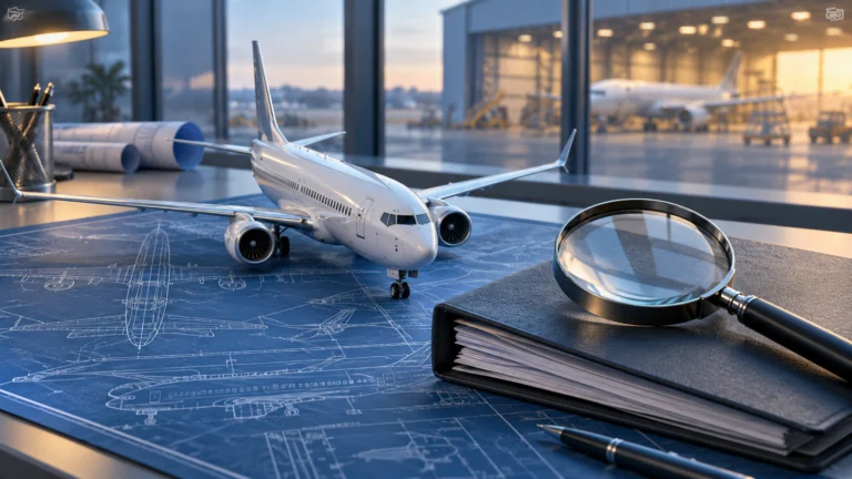 Illustrazione generata con IA: modellino di aereo e lente su un fascicolo legale davanti a un hangar.