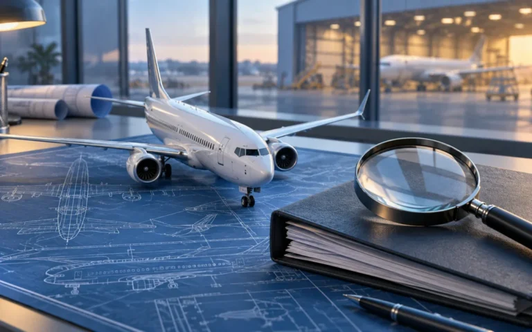 Illustrazione generata con IA: modellino di aereo e lente su un fascicolo legale davanti a un hangar.