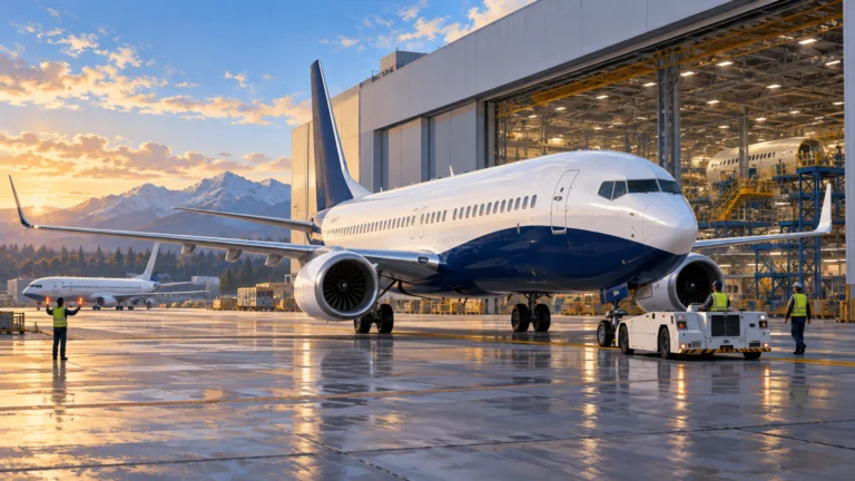 Illustrazione di un aereo commerciale davanti a un hangar di assemblaggio al tramonto.