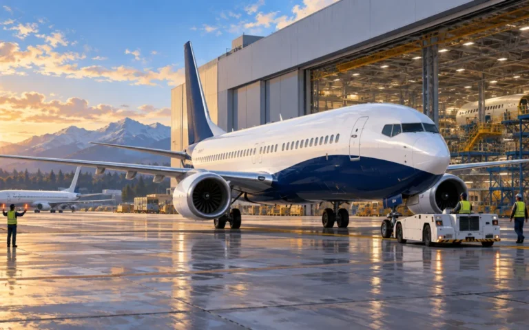 Illustrazione di un aereo commerciale davanti a un hangar di assemblaggio al tramonto.