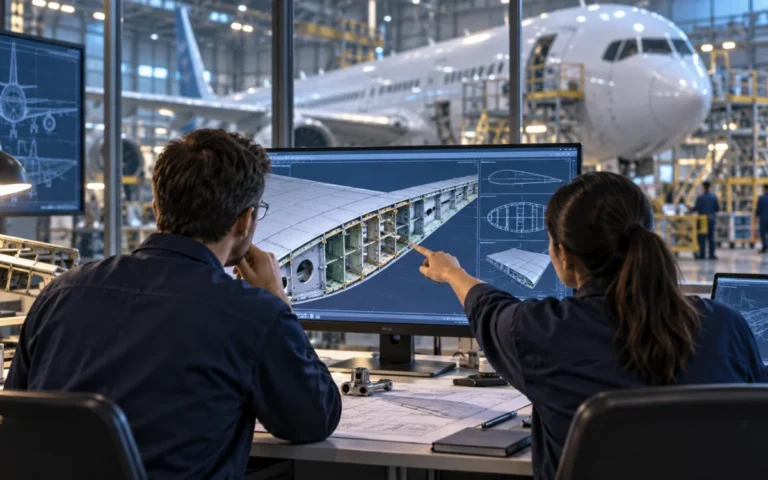 Illustrazione generata con IA: ingegneri analizzano un modello tecnico di ala in un laboratorio aeronautico.