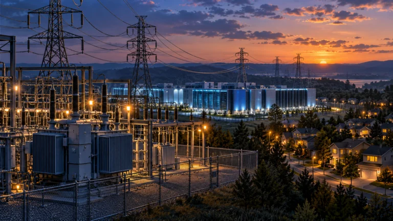 Illustrazione di una sottostazione elettrica collegata a un data center e a un quartiere residenziale