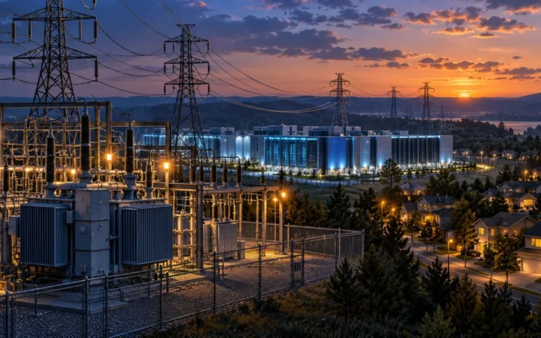 Illustrazione di una sottostazione elettrica collegata a un data center e a un quartiere residenziale