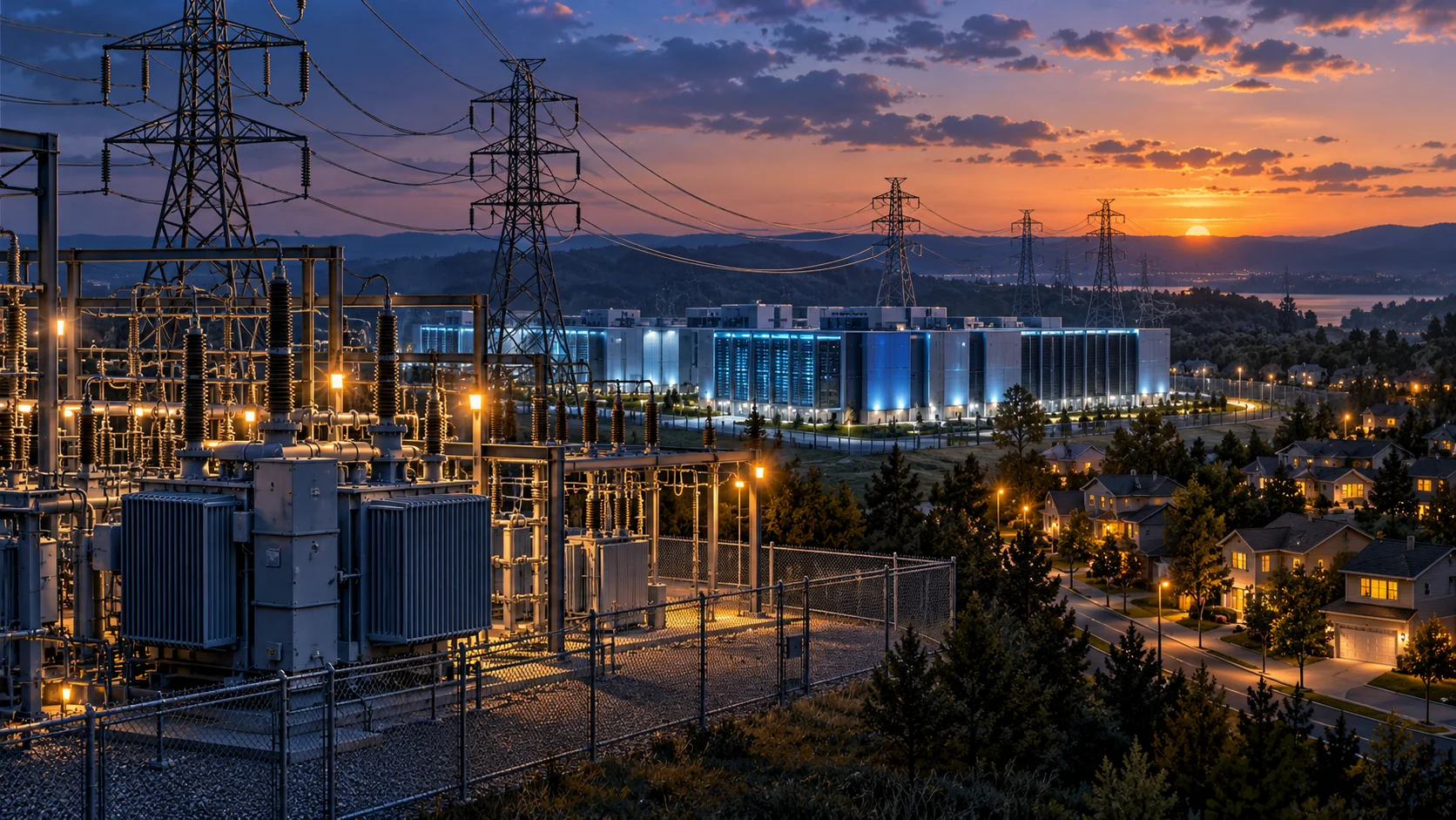 Illustrazione di una sottostazione elettrica collegata a un data center e a un quartiere residenziale