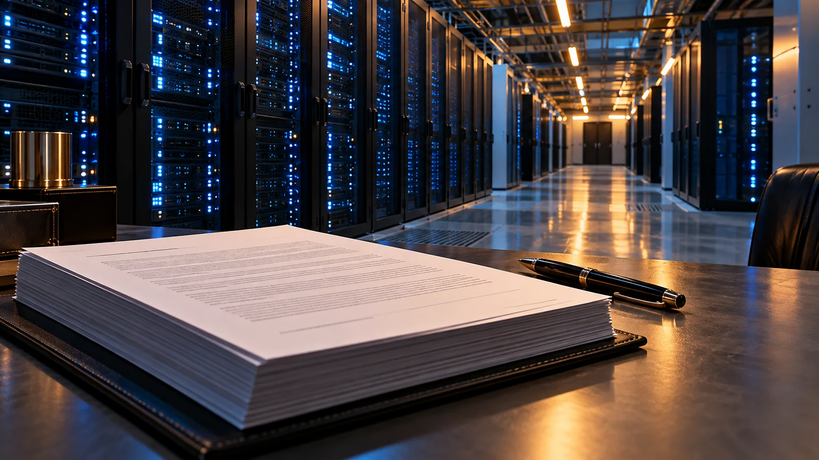 Contratto e penna davanti a un corridoio di server illuminati, simbolo del finanziamento dei data center.