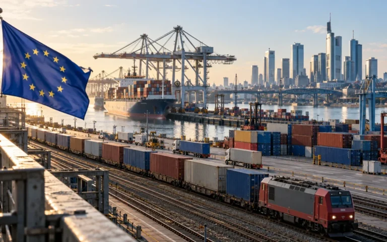 Porto commerciale europeo con container, gru e ferrovia, davanti a un quartiere direzionale e a una bandiera europea.