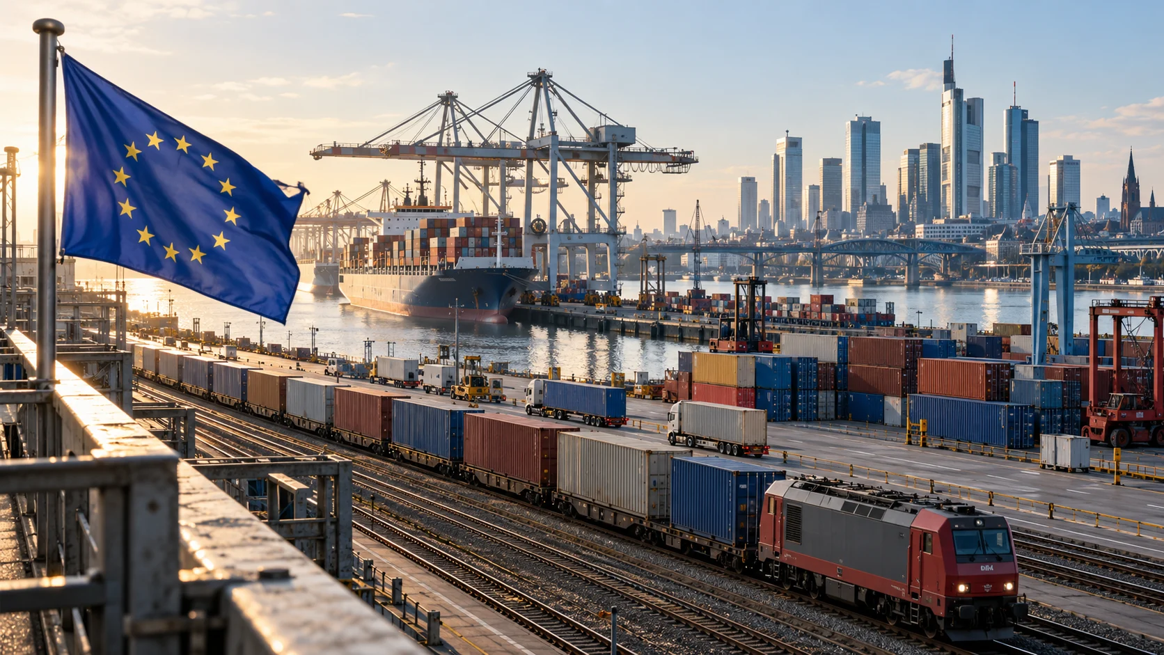 Porto commerciale europeo con container, gru e ferrovia, davanti a un quartiere direzionale e a una bandiera europea.
