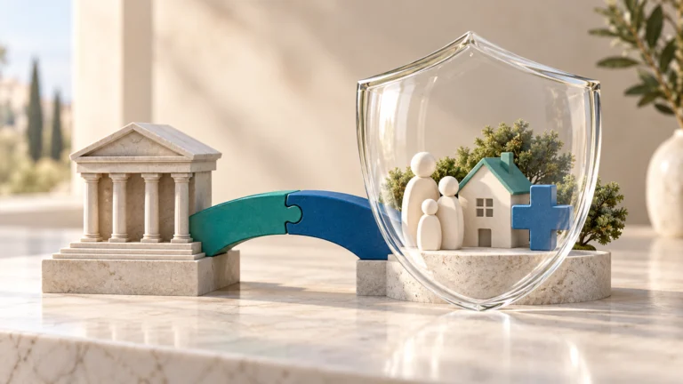 Illustrazione della bancassurance: una banca collegata a uno scudo che protegge famiglia, casa e salute