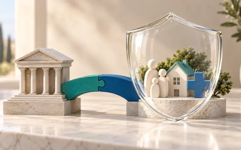 Illustrazione della bancassurance: una banca collegata a uno scudo che protegge famiglia, casa e salute