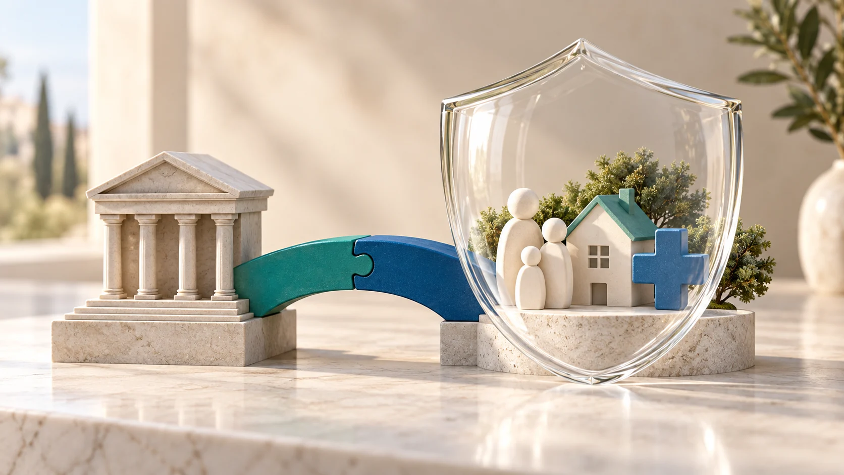Illustrazione della bancassurance: una banca collegata a uno scudo che protegge famiglia, casa e salute