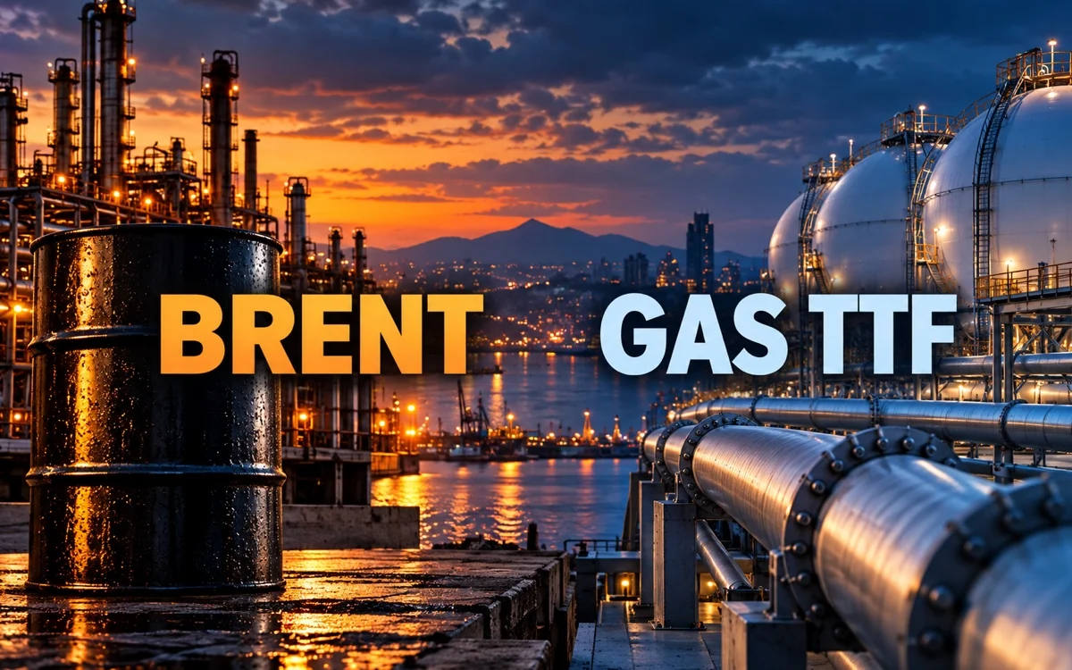 Barile di petrolio Brent e impianto del gas TTF, con le diciture Brent e Gas TTF