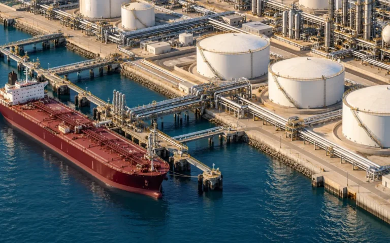 Illustrazione di una petroliera ormeggiata accanto a serbatoi e impianti di un terminal petrolifero