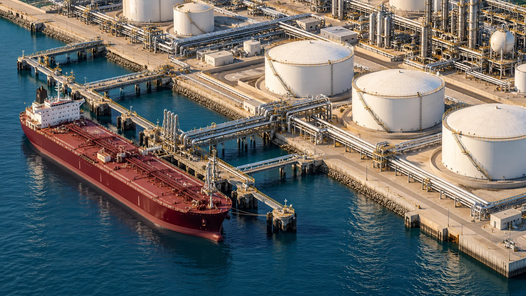 Illustrazione di una petroliera ormeggiata accanto a serbatoi e impianti di un terminal petrolifero