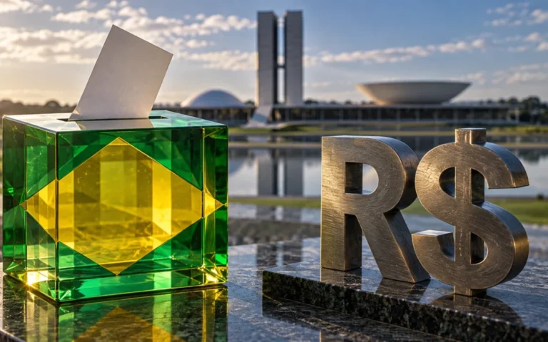 Illustrazione generata con IA: urna simbolica verde e gialla, simbolo del real e architettura di Brasilia.