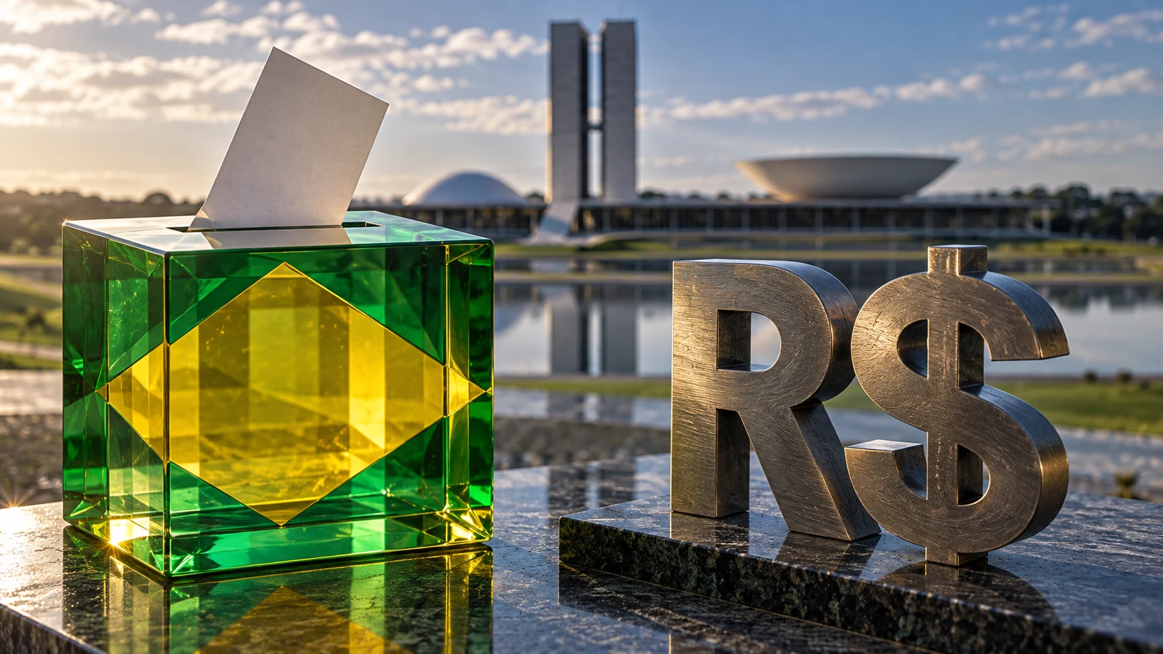 Illustrazione generata con IA: urna simbolica verde e gialla, simbolo del real e architettura di Brasilia.