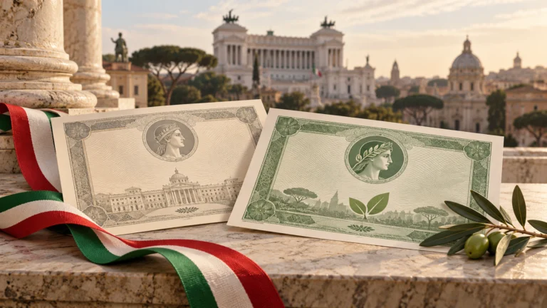 Illustrazione di due documenti obbligazionari con un nastro tricolore e un ramo di ulivo davanti ad architetture romane.