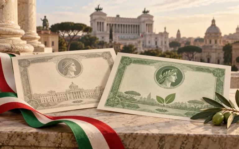 Illustrazione di due documenti obbligazionari con un nastro tricolore e un ramo di ulivo davanti ad architetture romane.