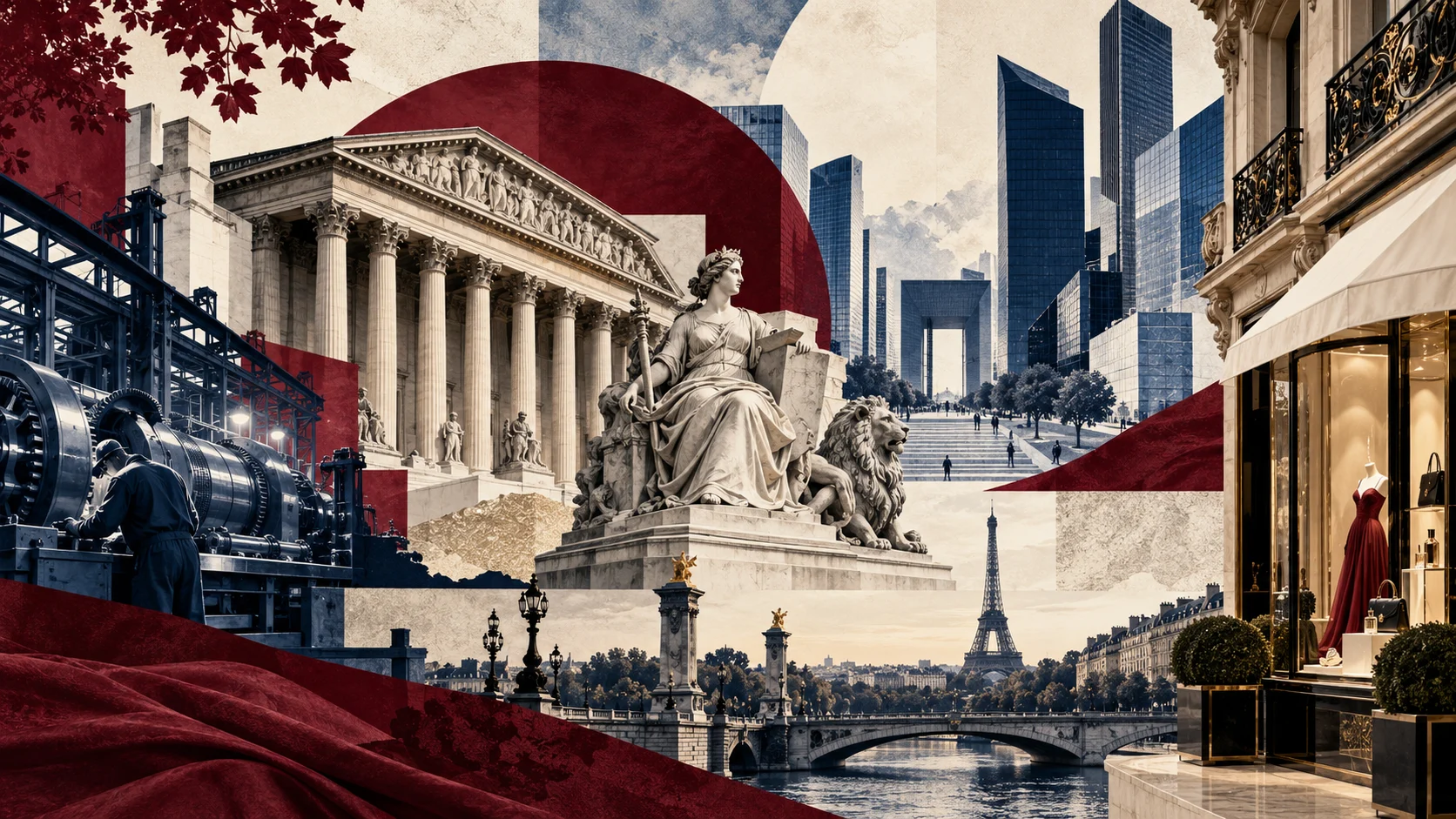 Illustrazione di architetture parigine con una banca, una fabbrica e una vetrina di lusso