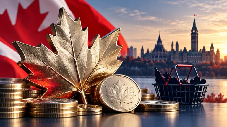 Illustrazione del dollaro canadese con foglia d’acero, monete e simboli dei prezzi al consumo