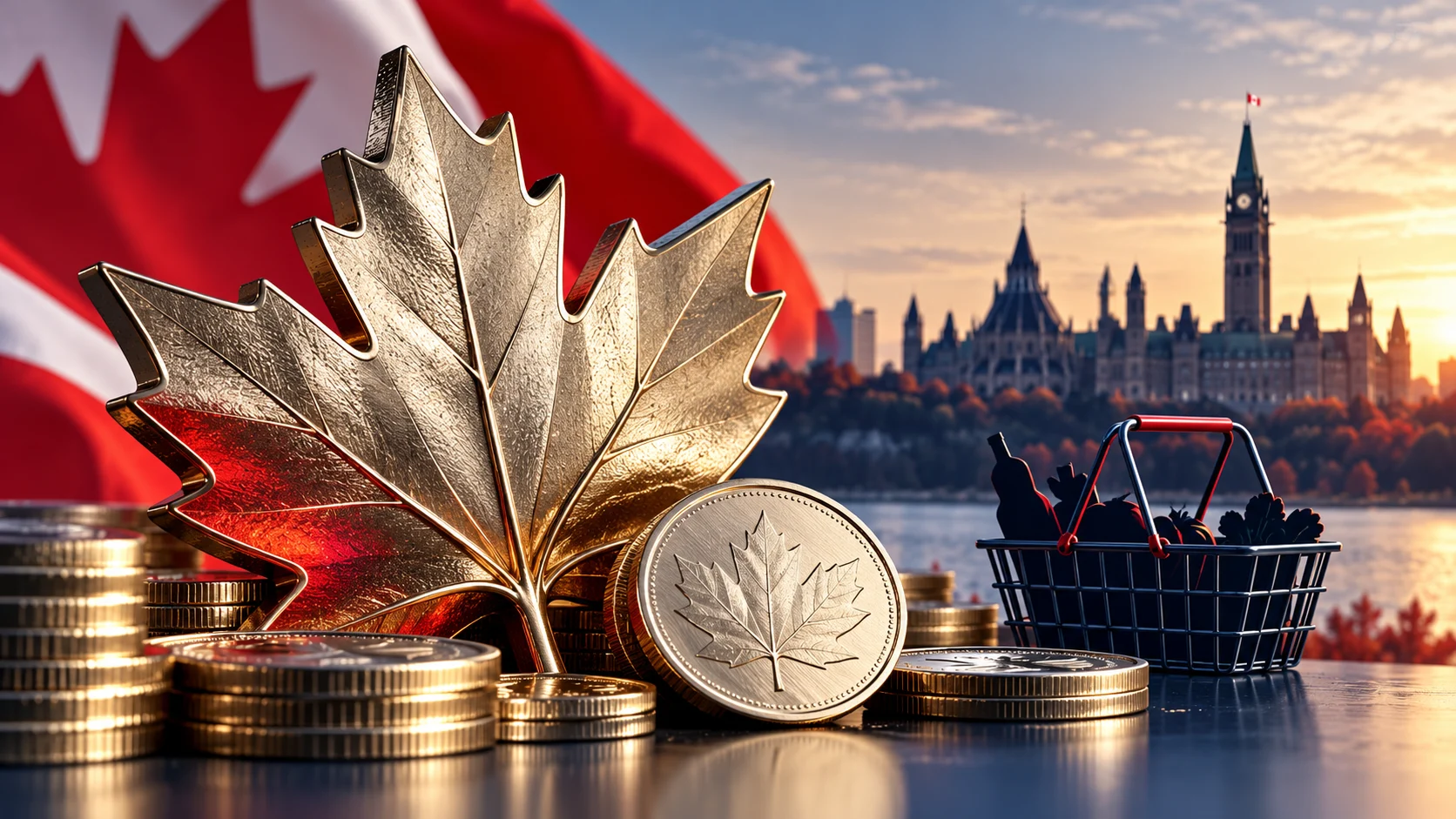 Illustrazione del dollaro canadese con foglia d’acero, monete e simboli dei prezzi al consumo