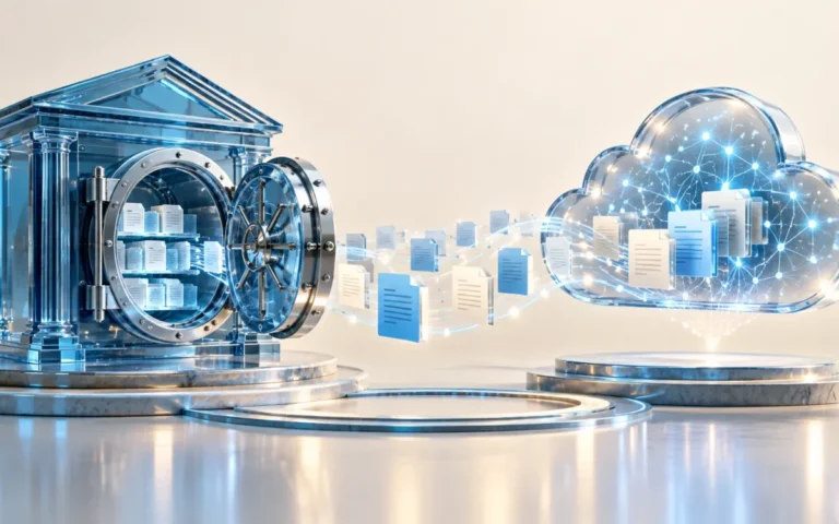 Illustrazione di un caveau bancario collegato a un cloud tramite flussi di dati e documenti digitali