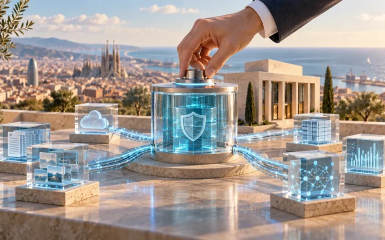 Illustrazione generata con IA: blocchi di dati convergono in un nodo sicuro accanto a un edificio bancario simbolico.