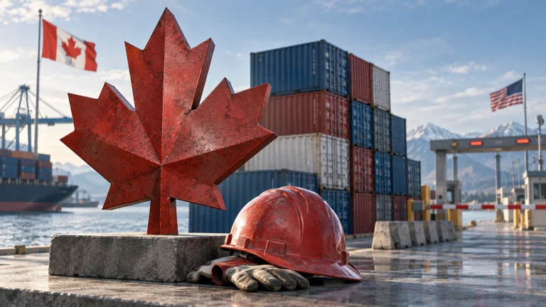 Foglia d’acero canadese, casco da lavoro e container davanti a una barriera doganale