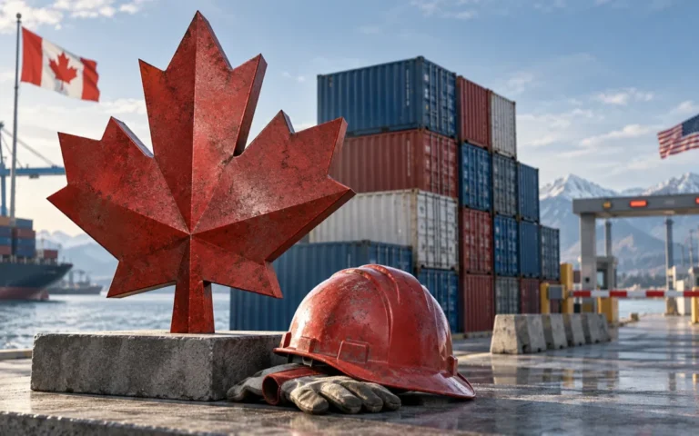 Foglia d’acero canadese, casco da lavoro e container davanti a una barriera doganale