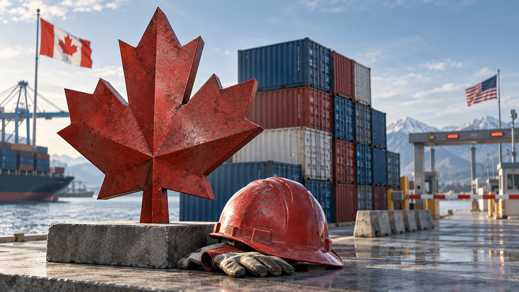 Foglia d’acero canadese, casco da lavoro e container davanti a una barriera doganale