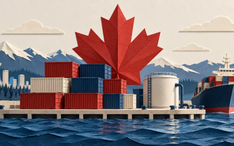 Illustrazione del commercio canadese con foglia d’acero, container e serbatoio energetico