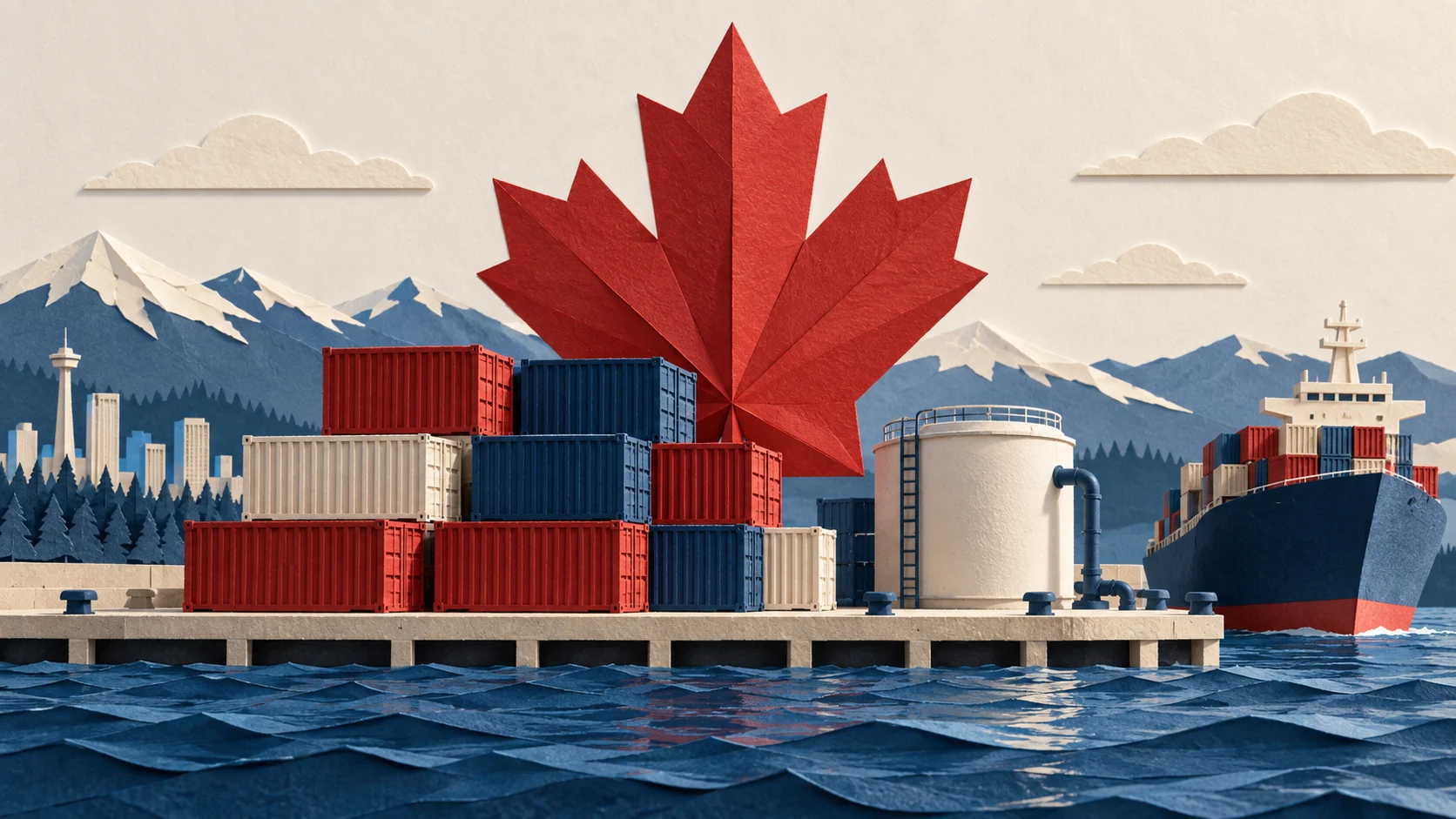 Illustrazione del commercio canadese con foglia d’acero, container e serbatoio energetico