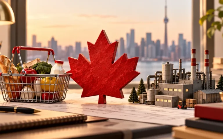 Foglia d’acero canadese fra un cestino della spesa e una fabbrica in miniatura