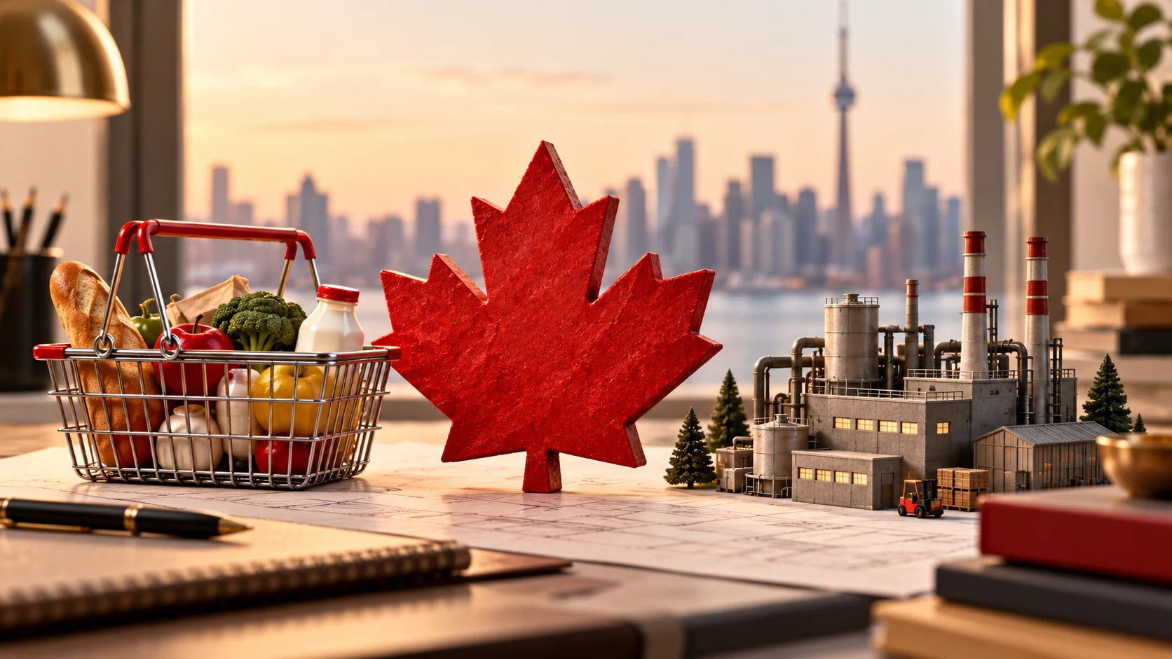 Foglia d’acero canadese fra un cestino della spesa e una fabbrica in miniatura