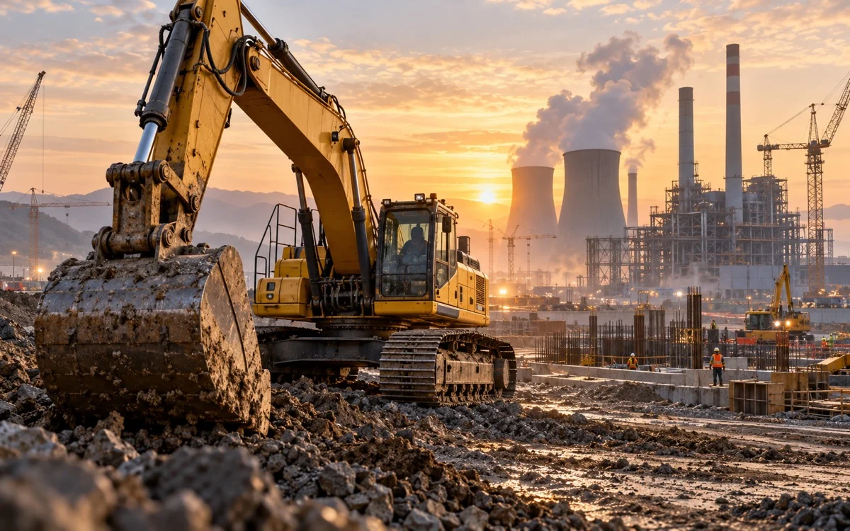 Escavatore giallo in un cantiere industriale con impianti e gru sullo sfondo