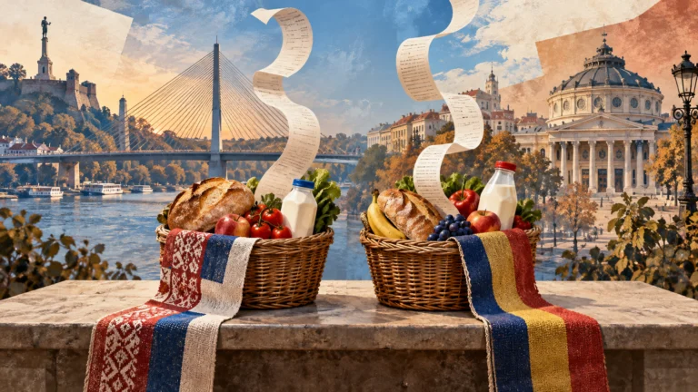 Illustrazione di panieri alimentari e scontrini con i profili urbani di Belgrado e Bucarest