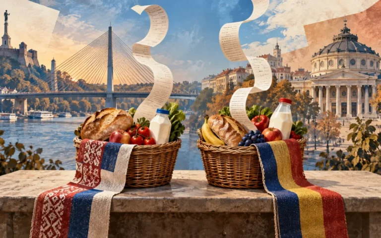Illustrazione di panieri alimentari e scontrini con i profili urbani di Belgrado e Bucarest