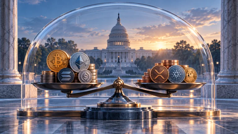 Monete digitali su una bilancia sotto una protezione trasparente davanti al Campidoglio americano