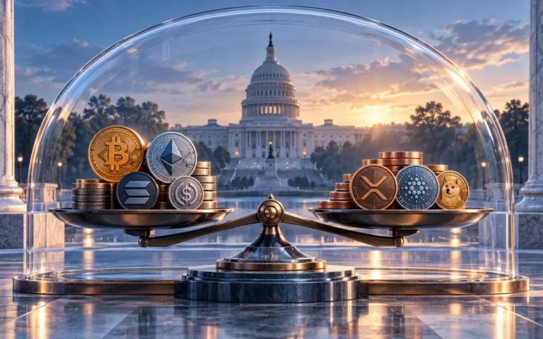 Monete digitali su una bilancia sotto una protezione trasparente davanti al Campidoglio americano