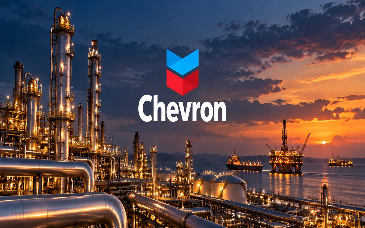 Nome e simbolo Chevron su una raffineria illuminata al crepuscolo