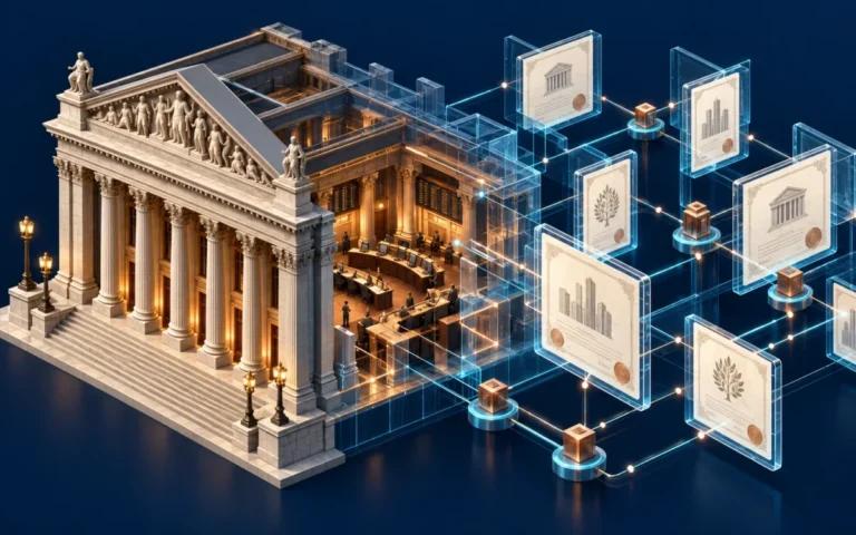 Illustrazione originale di titoli finanziari che passano da una borsa tradizionale a una rete di token e commissioni