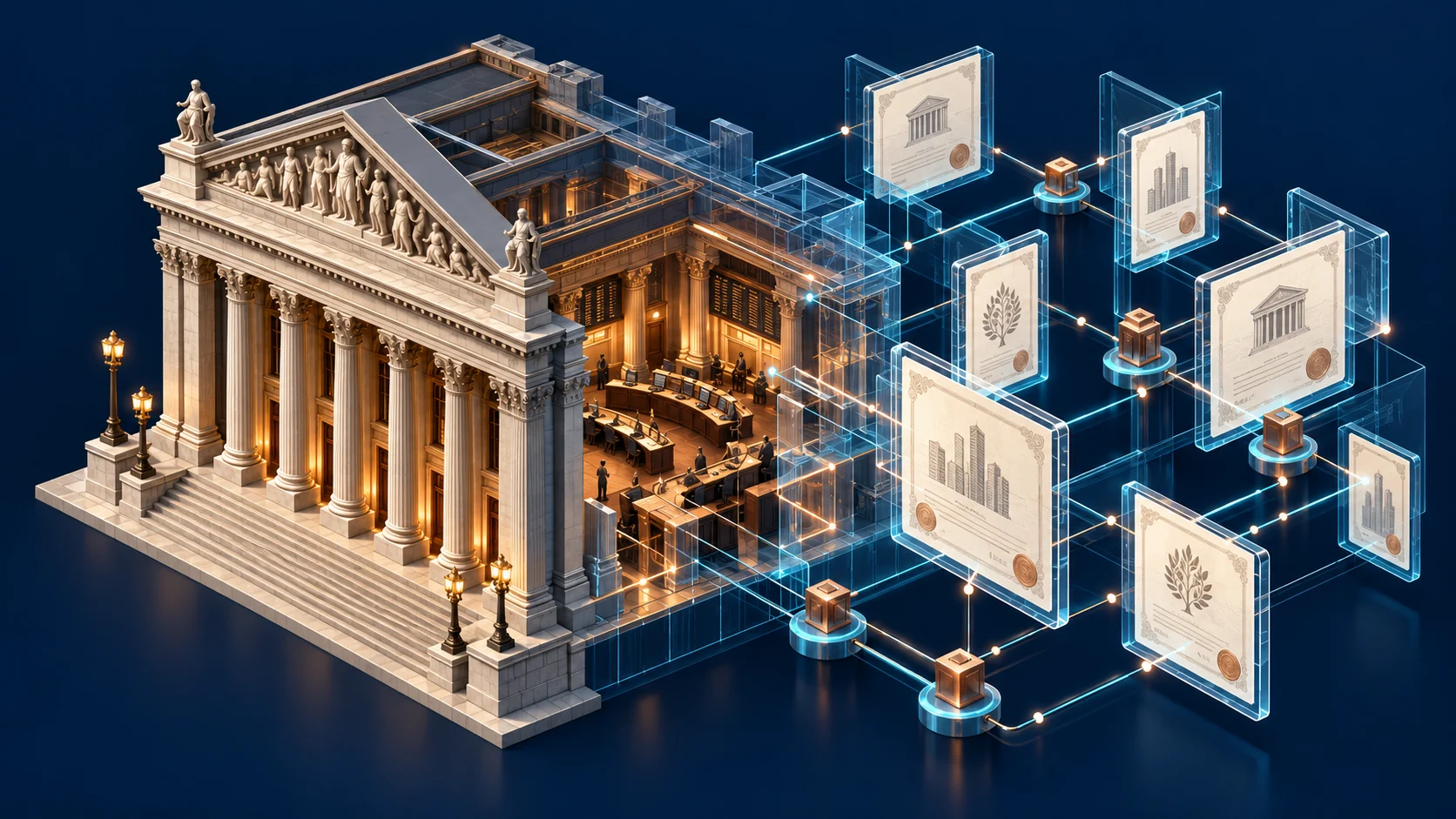 Illustrazione originale di titoli finanziari che passano da una borsa tradizionale a una rete di token e commissioni